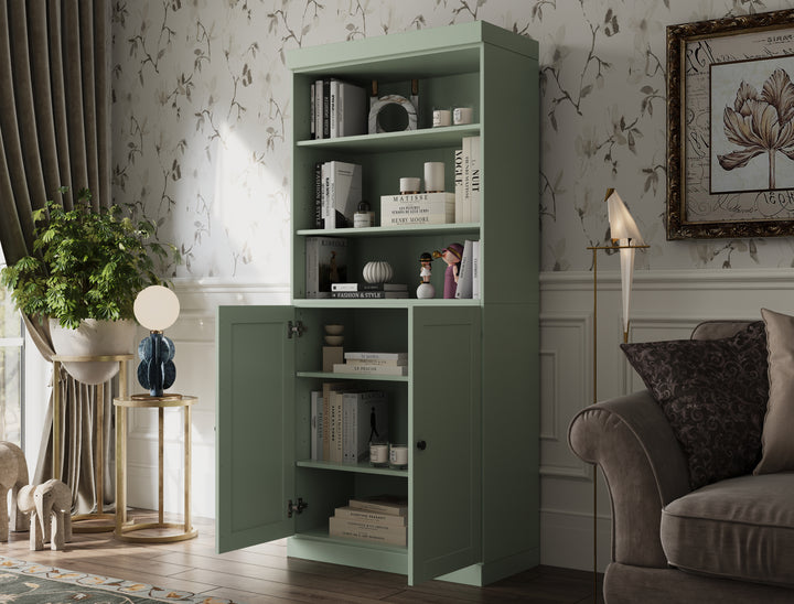 100% Solid Wood 6-Shelf 32" Bookcase Cabinet, 2 Solid Shaker Wood Doors, Adjustable Shelves