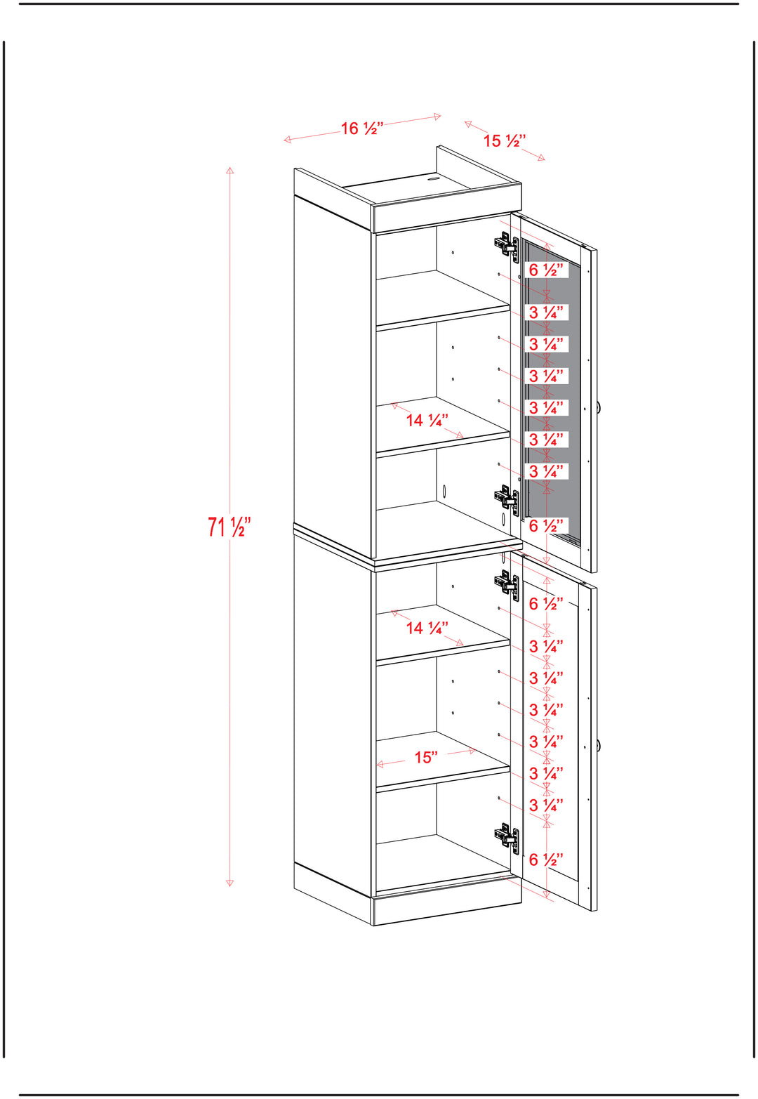 100% Solid Wood Kitchen Pantry China Cabinet, Tall Freestanding Modular Storage with Glass & Shaker Doors, Adjustable Shelves, 16.5" W x 71.5" H