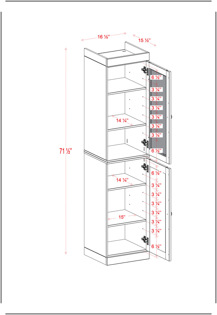 100% Solid Wood Kitchen Pantry China Cabinet, Tall Freestanding Modular Storage with Glass & Shaker Doors, Adjustable Shelves, 16.5" W x 71.5" H