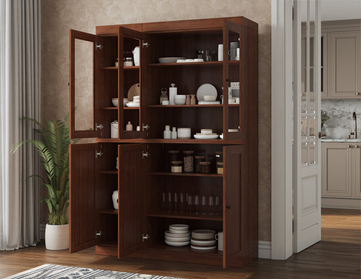 100% Solid Brazilian Pine Wood Pantry China Cabinet, Shaker & Clear Glass Doors, Adjustable Shelves, 48.5" Wide, 71.5" Tall