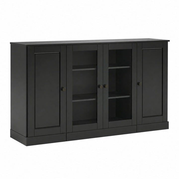 100% Solid Wood TV Stand with Raised Panel, Clear Glass Doors and Adjustable Shelves for TVs up to 65"