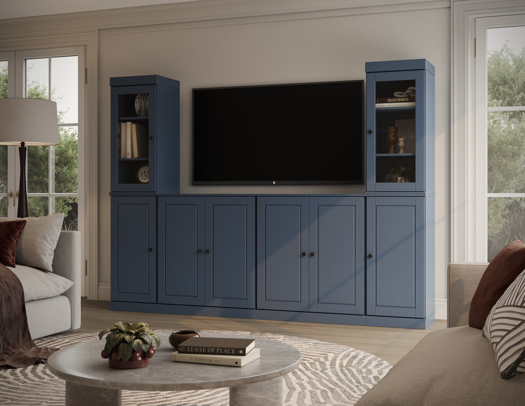 100% Solid Wood 6-Piece Entertainment Center Wall Unit with Storage, Glass & Raised Panel Doors, Adjustable Shelves, 97" W x 71.5" H