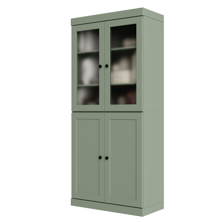 100% Solid Wood 6-Shelf 32" Bookcase, 2 Frosted Glass, 2 Shaker Wood Doors, Adjustable Shelves