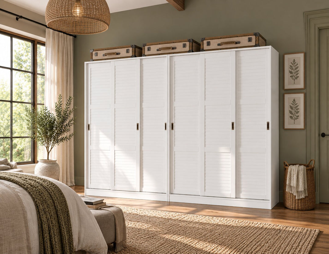 100% Solid Wood 6-Sliding Wardrobe with Louvered Doors