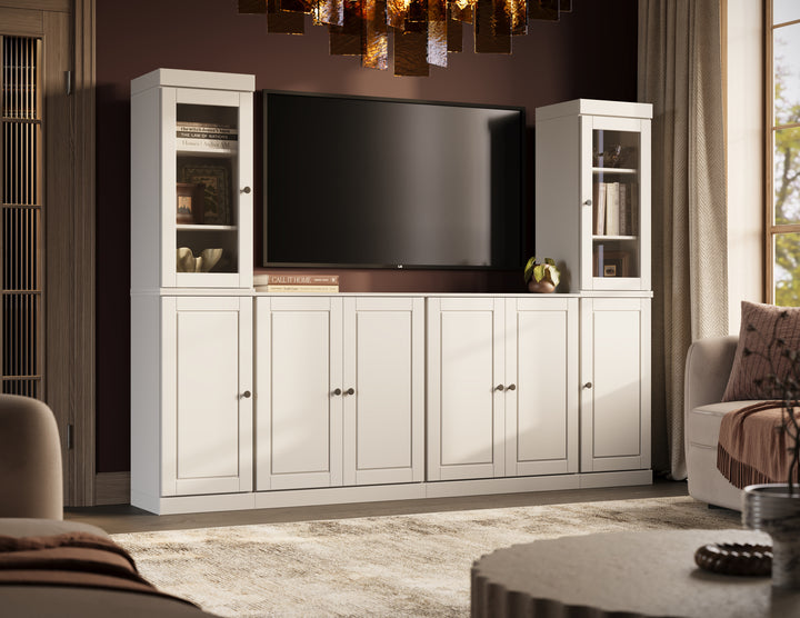 100% Solid Wood 6-Piece Entertainment Center Wall Unit with Storage, Glass & Raised Panel Doors, Adjustable Shelves, 97" W x 71.5" H