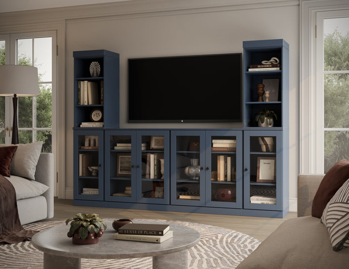 100% Solid Wood 6-Piece Entertainment Center Wall Unit with Storage, Open Cabinets & Glass Doors, Adjustable Shelves, 97" W x 71.5" H