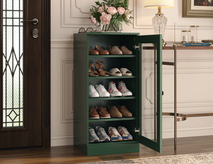 100% Solid Wood Narrow Glass Door Shoe Storage Cabinet with Adjustable Shelves, Space Saving Stackable Organizer, 16.5" W x 35.75" H