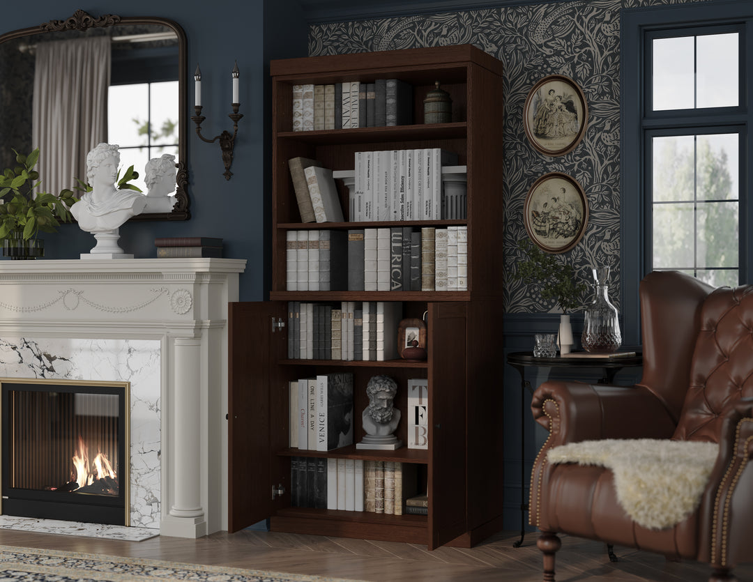 Premium 100% Solid European Oak Hardwood 6-Shelf Modular Bookcase with Bottom Shaker Doors – 32" Wide, 71.5" Tall