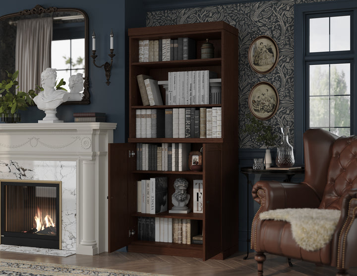 Premium 100% Solid European Oak Hardwood 6-Shelf Modular Bookcase with Bottom Shaker Doors – 32" Wide, 71.5" Tall