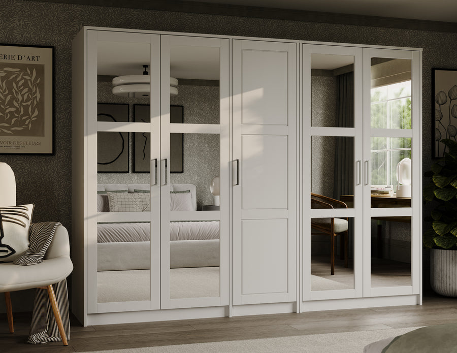 100% Solid Wood Modular 5-Door Wardrobe Armoire with Mirrored Doors, Bedroom Closet Storage – Urban Collection, 70-110” Wardrobes - Palace Imports