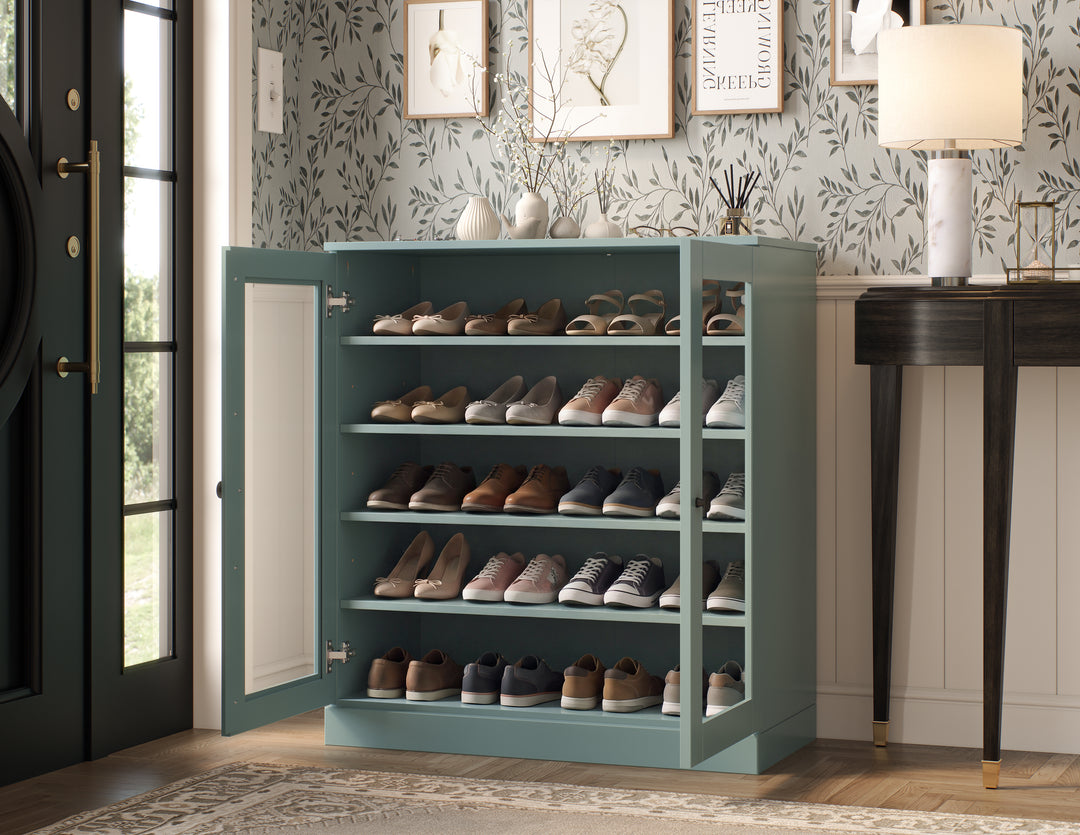 100% Solid Wood Glass Door Shoe Storage Cabinet with Adjustable Shelves, Space Saving Stackable Entryway Organizer, 32" W x 35.75" H