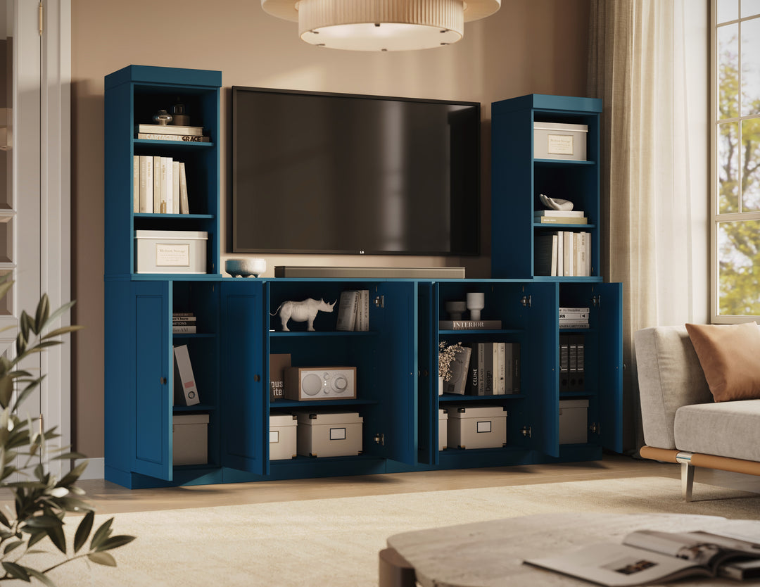 100% Solid Wood 6-Piece Entertainment Center Wall Unit with Storage, Open Cabinets & Raised Panel Doors, Adjustable Shelves, 97" W x 71.5" H