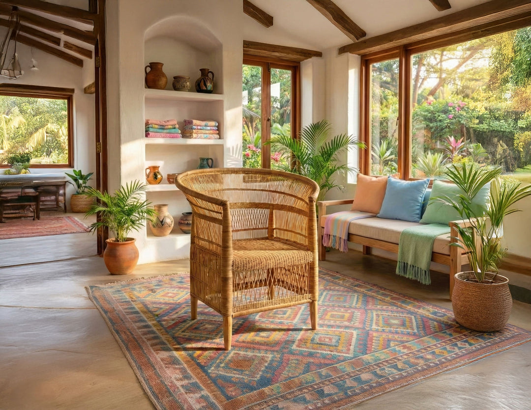 100% Solid Wood Frame Handwoven Natural Rattan Indoor Chair, Boho Farmhouse Accent Seating – Authentic African Craftsmanship