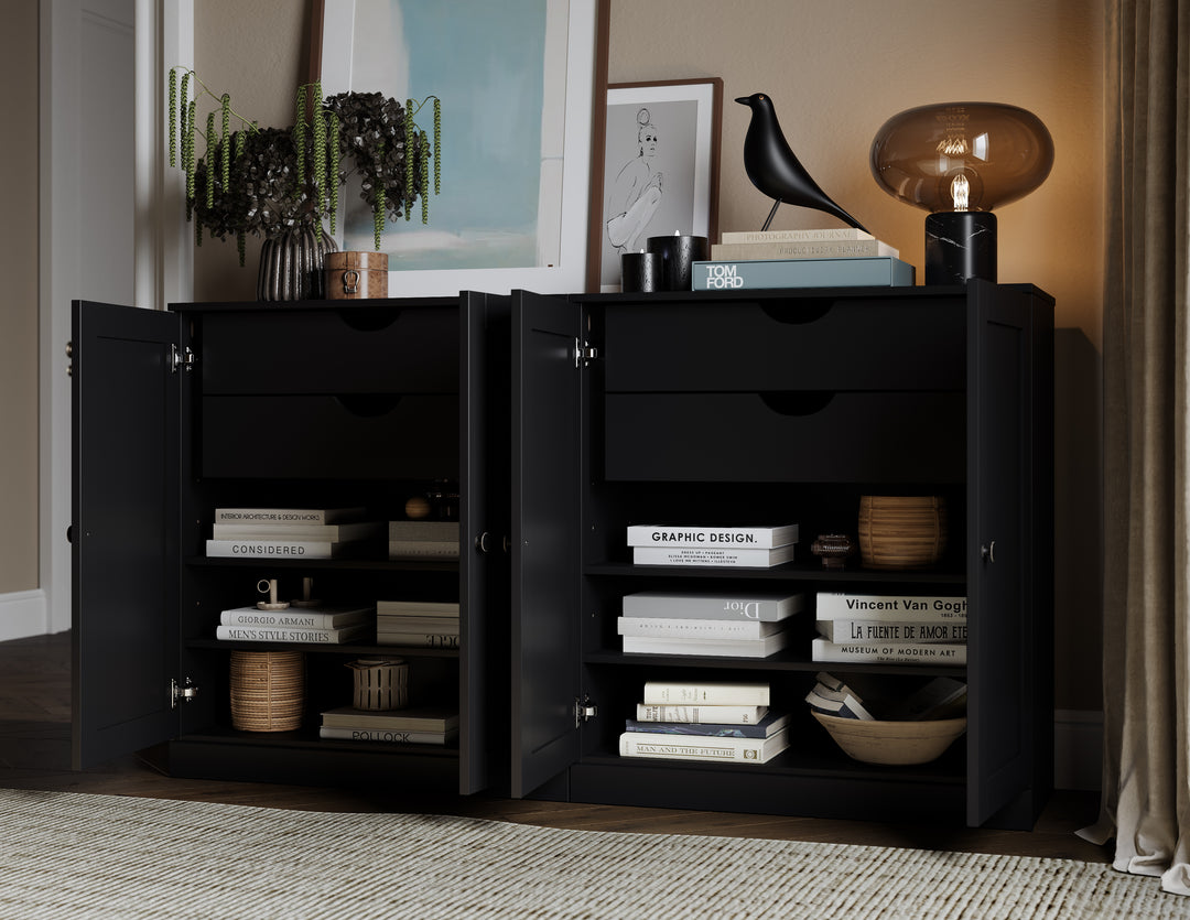 100% Solid Brazilian Pine Wood 64" Sideboard with Shaker Doors, 4-Drawers and Adjustable Shelves