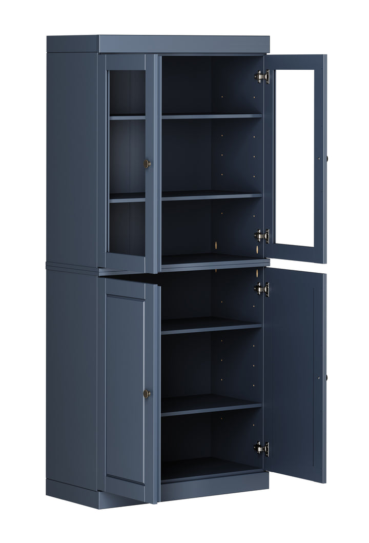 100% Solid Wood 6-Shelf 32" Bookcase, 2 Glass Doors, 2 Raised Panel Doors, Adjustable Shelves