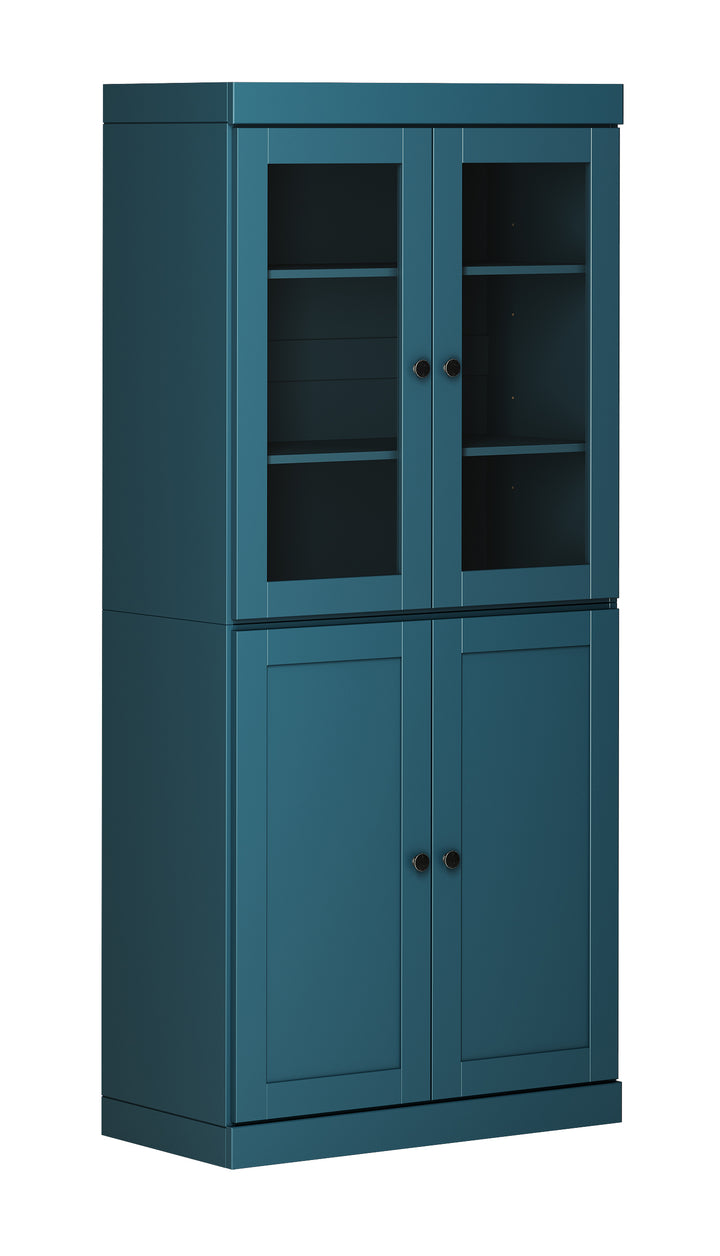 100% Solid Wood 6-Shelf 32" Bookcase, 2 Glass Doors, 2 Shaker Wood Doors, Adjustable Shelves