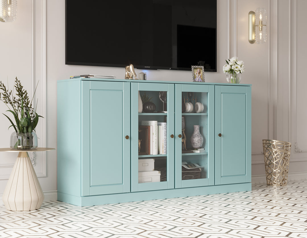 100% Solid Wood TV Stand for TVs up to 65" with Clear Glass, Raised Panel Doors, Adjustable Shelves