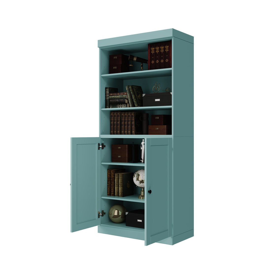 100% Solid Wood 6-Shelf 32" Bookcase Cabinet, 2 Solid Shaker Wood Doors, Adjustable Shelves