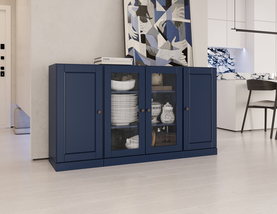 100% Solid Wood 65" Sideboard Cabinet, 2 Clear Glass, 2 Raised Panel Wood Doors, Adjustable Shelves