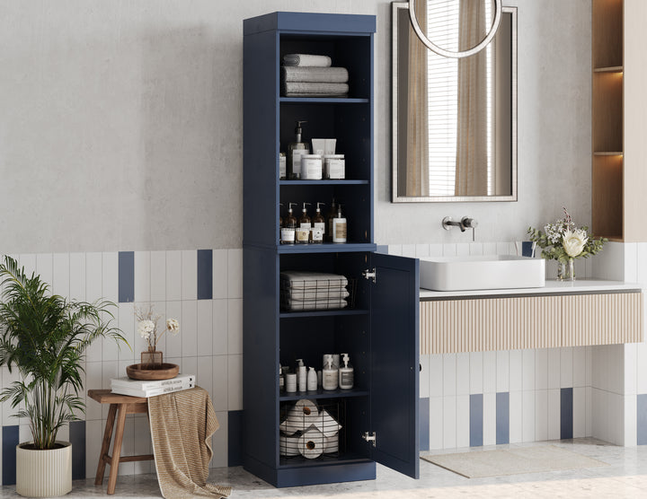 100% Solid Wood Tall Freestanding Modular Bathroom Linen Storage Cabinet with Open Shelf & Raised Panel Door, Adjustable Shelves, 16.5" W x 71.5" H