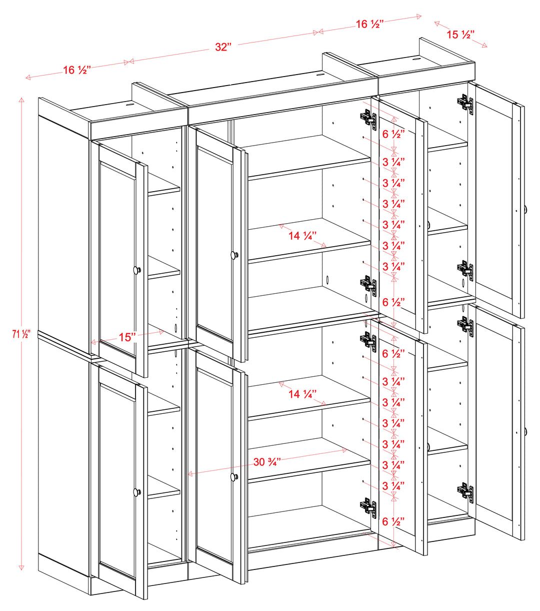 100% Solid Wood 65" Pantry Cabinet, 8 Shaker Wood Doors