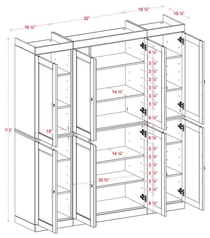 100% Solid Wood 65" Pantry Cabinet, 8 Shaker Wood Doors