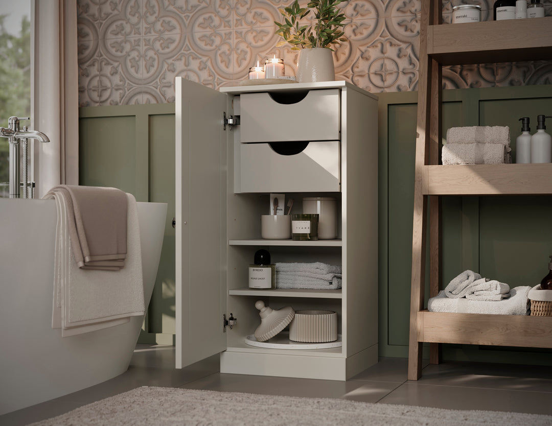 100% Solid Wood Bathroom Storage Cabinet, Raised Panel Door, 2 Drawers, Adjustable Shelves, 16.5" Wide, 35.75" Tall