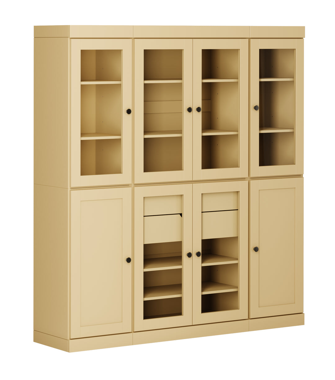 100% Solid Wood 65" China Pantry Cabinet, 6 Glass, 2 Shaker Wood Doors, 2 Drawers