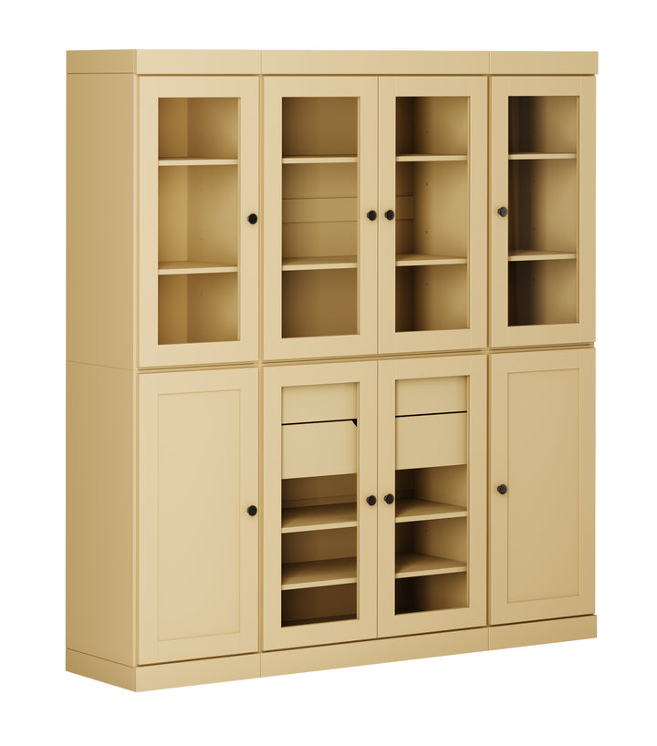 100% Solid Wood 65" China Pantry Cabinet, 6 Glass, 2 Shaker Wood Doors, 2 Drawers