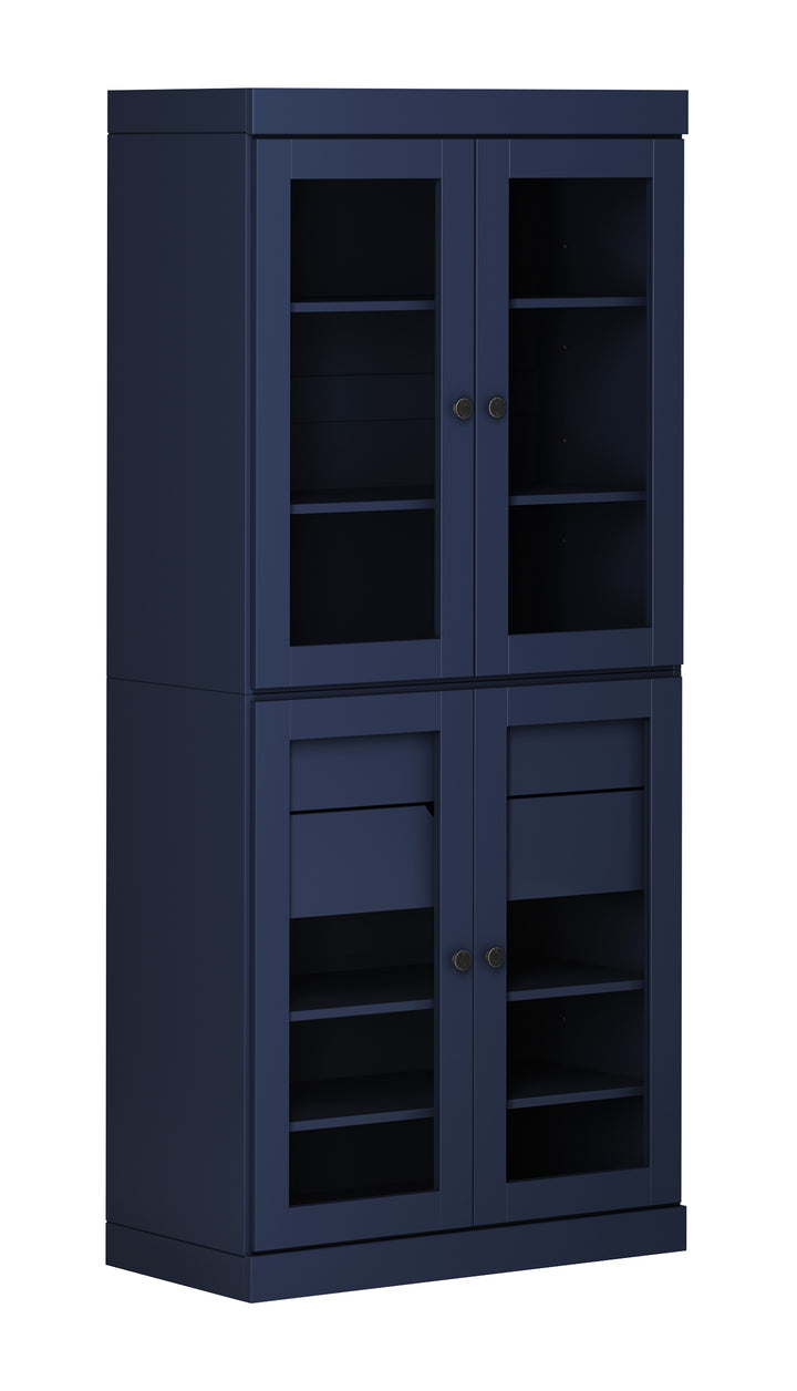 100% Solid Wood 32" Pantry Cabinet, 4 Clear Glass Doors, 2-Drawers Set