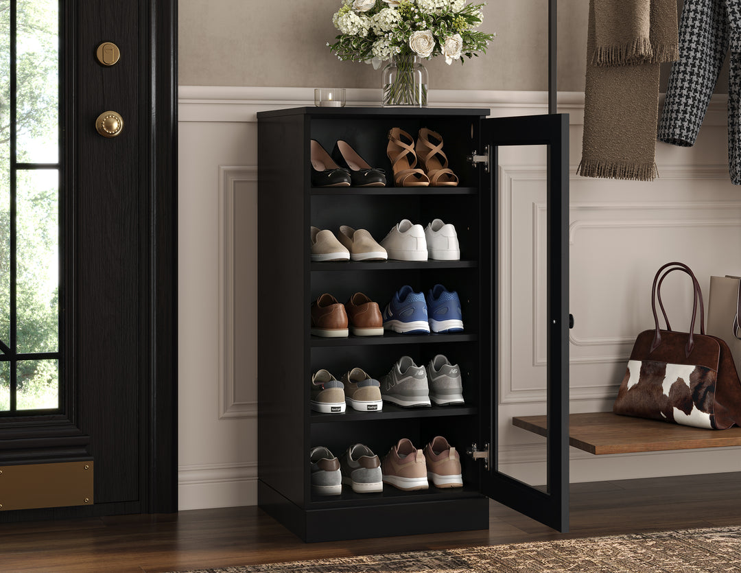 100% Solid Wood Narrow Glass Door Shoe Storage Cabinet with Adjustable Shelves, Space Saving Stackable Organizer, 16.5" W x 35.75" H