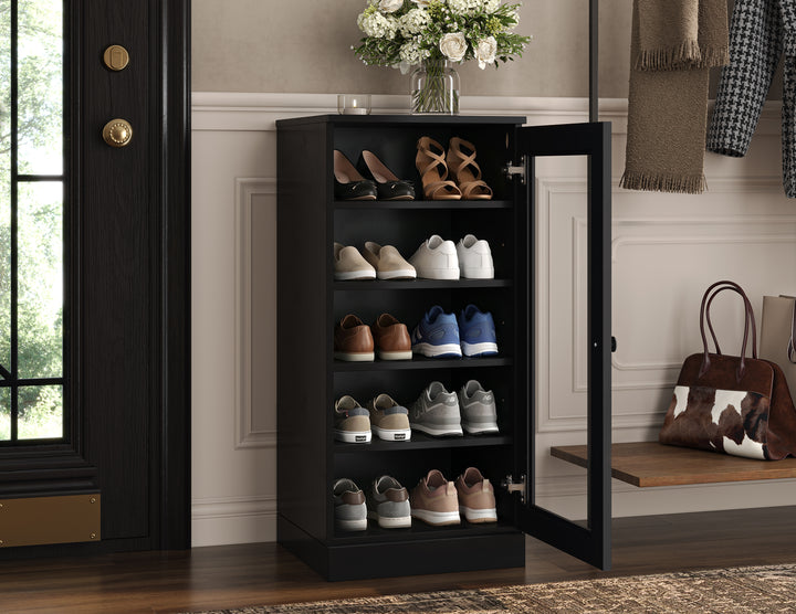 100% Solid Wood Narrow Glass Door Shoe Storage Cabinet with Adjustable Shelves, Space Saving Stackable Organizer, 16.5" W x 35.75" H