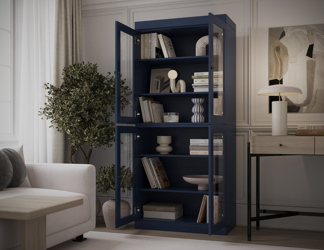 100% Solid Wood 6-Shelf 32" Bookcase, 4 Clear Glass Doors, Adjustable Shelves