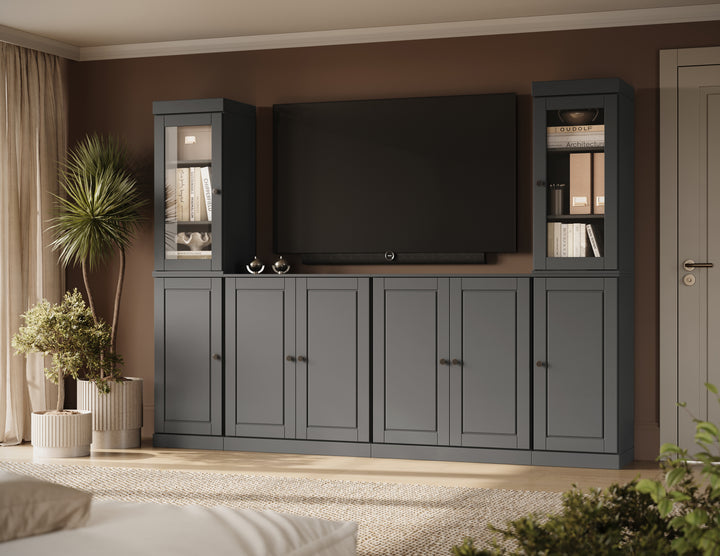 100% Solid Wood 6-Piece Entertainment Center Wall Unit with Storage, Glass & Raised Panel Doors, Adjustable Shelves, 97" W x 71.5" H