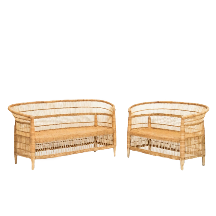 100% Handwoven Natural Rattan 2-Piece Indoor Seating Set with Loveseat and 3-Seater Settee, Solid Wood Frame, Boho Farmhouse, Authentic African Craftsmanship