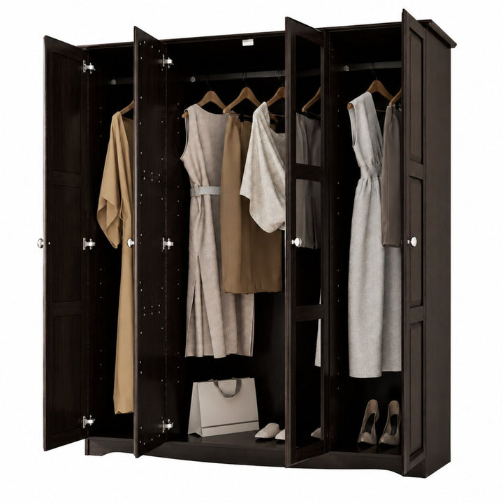 100% Solid Wood 4-Door Wardrobe Armoire with Mirrored Doors, Bedroom Closet Storage - Regal Collection with Metal Knobs