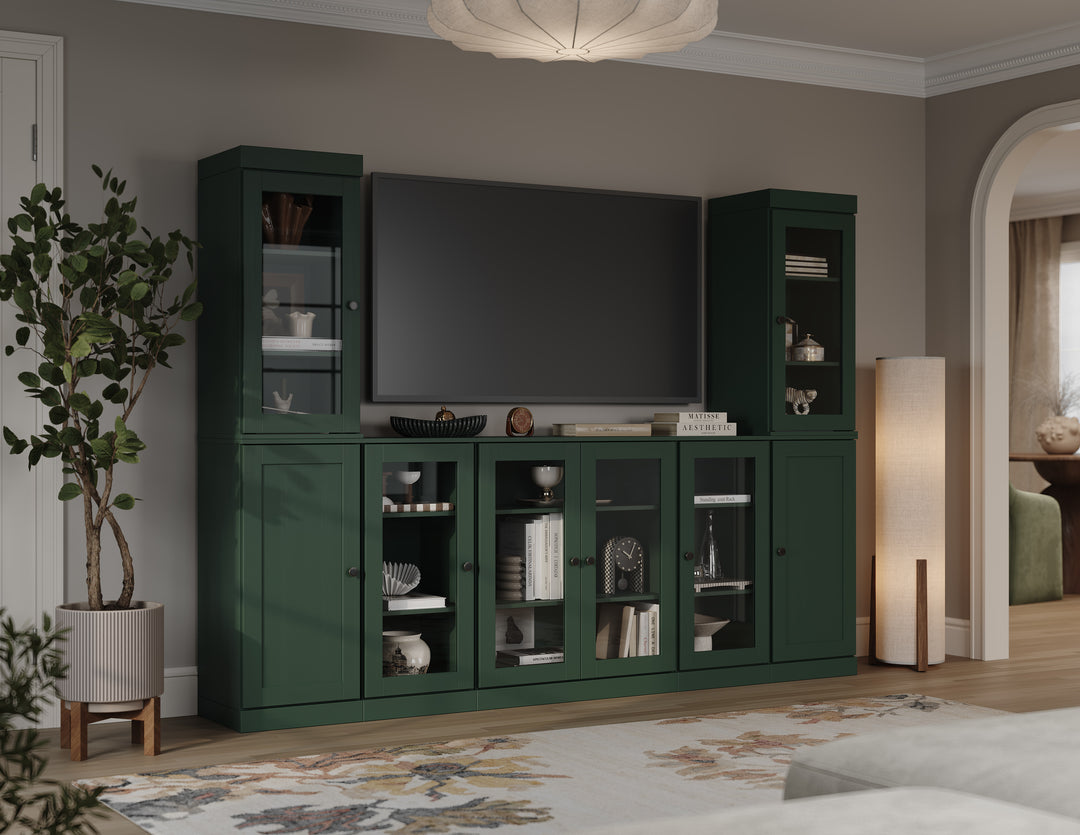 100% Solid Wood 7-Piece Entertainment Center Wall Unit with Storage, Glass & Shaker Doors, Adjustable Shelves, 98" W x 71.5" H