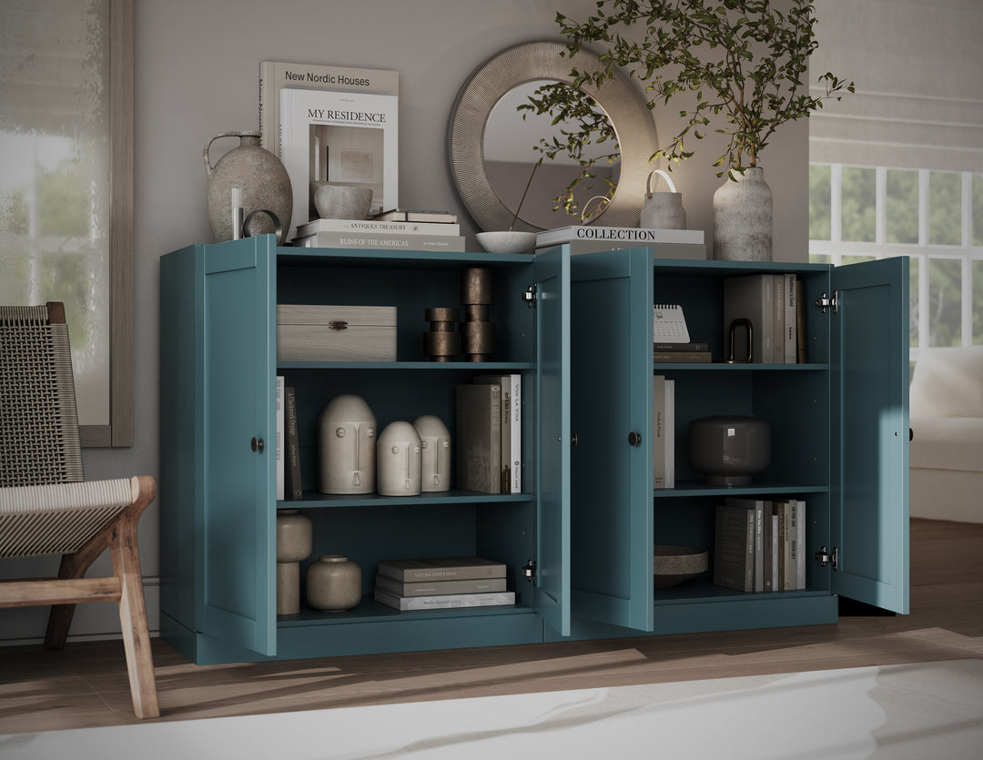 100% Solid Brazilian Pine Wood Sideboard, Shaker Doors, Adjustable Shelves, 64" Wide, 35.75" Tall