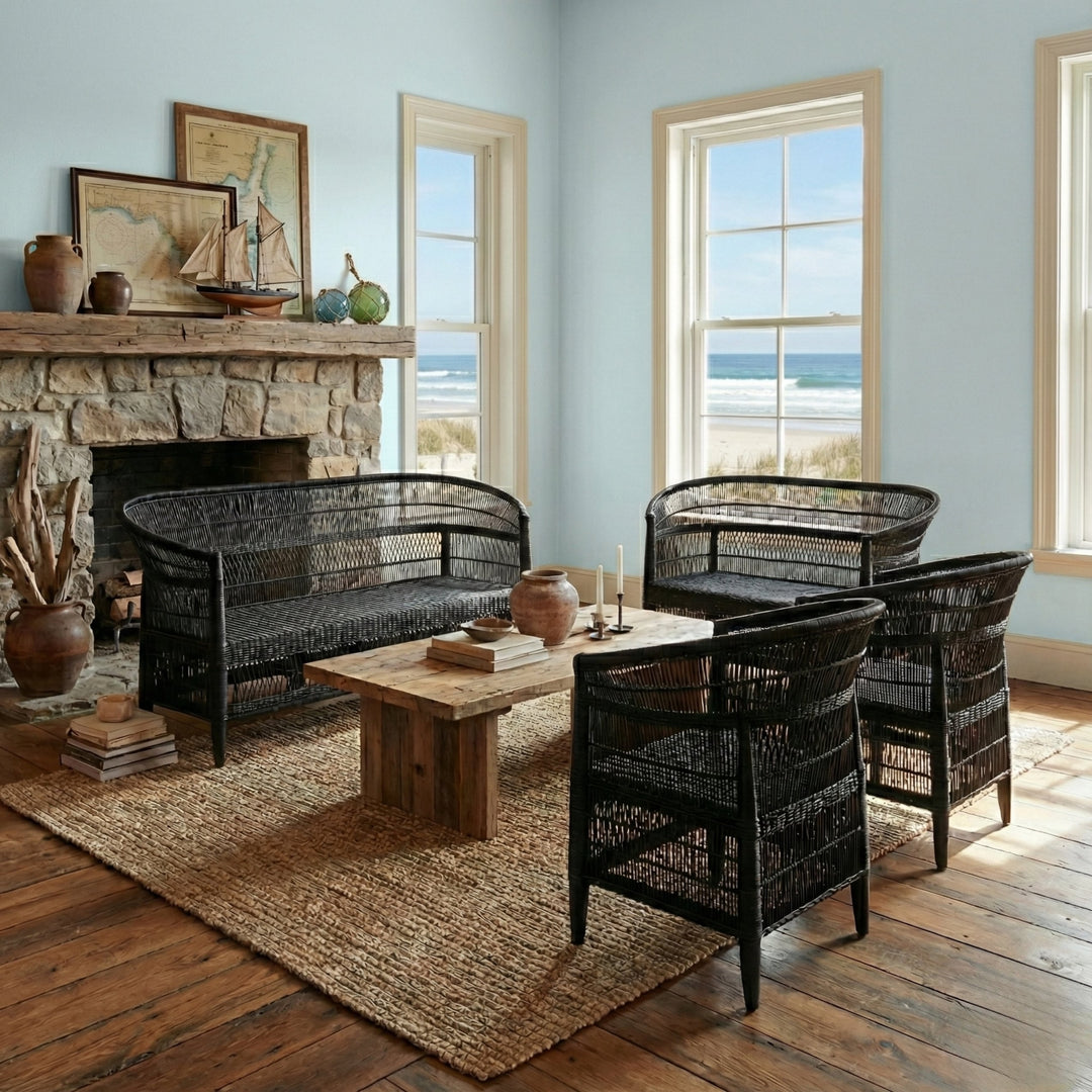 100% Handwoven Natural Rattan 4-Piece Indoor Seating Set with 2 Chairs, Loveseat, and 3-Seater Settee, Solid Wood Frame, Boho Farmhouse, Authentic African Craftsmanship