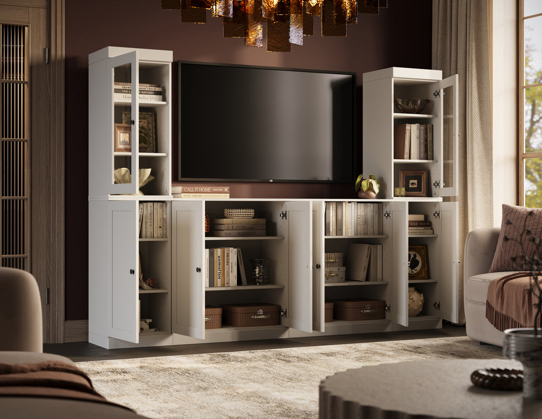 100% Solid Wood 6-Piece Entertainment Center Wall Unit with Storage, Glass & Shaker Doors, Adjustable Shelves, 97" W x 71.5" H