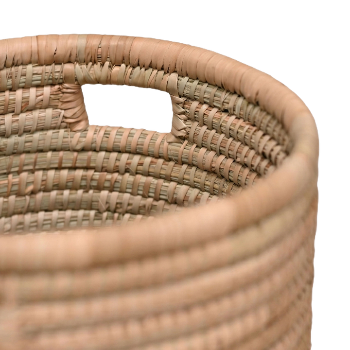 100% Handwoven Natural Rattan 15" Round Basket with Lid & Handles, Boho Farmhouse Decorative Laundry & Storage Organizer, Handcrafted – Authentic African Craftsmanship, Baskets - Palace Imports