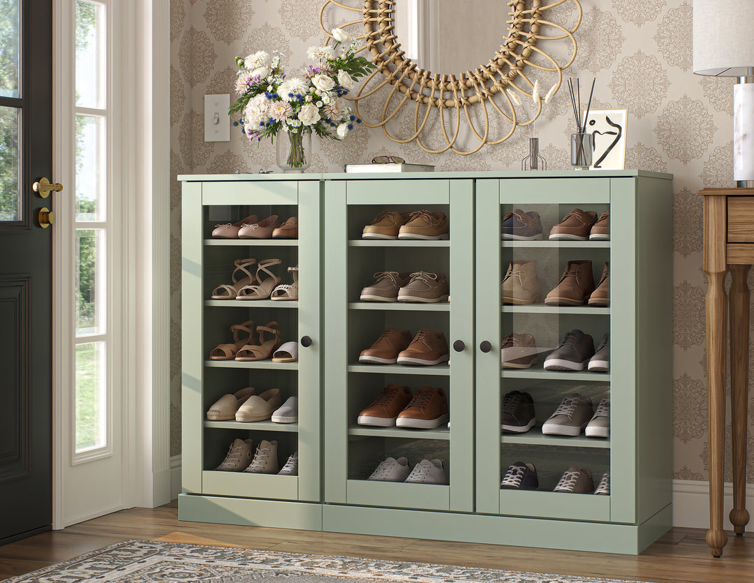 100% Solid Wood Glass Door Shoe Storage Cabinet, Adjustable Shelves, Space Saving Modular Entryway Organizer, 48.5" W x 35.75" H
