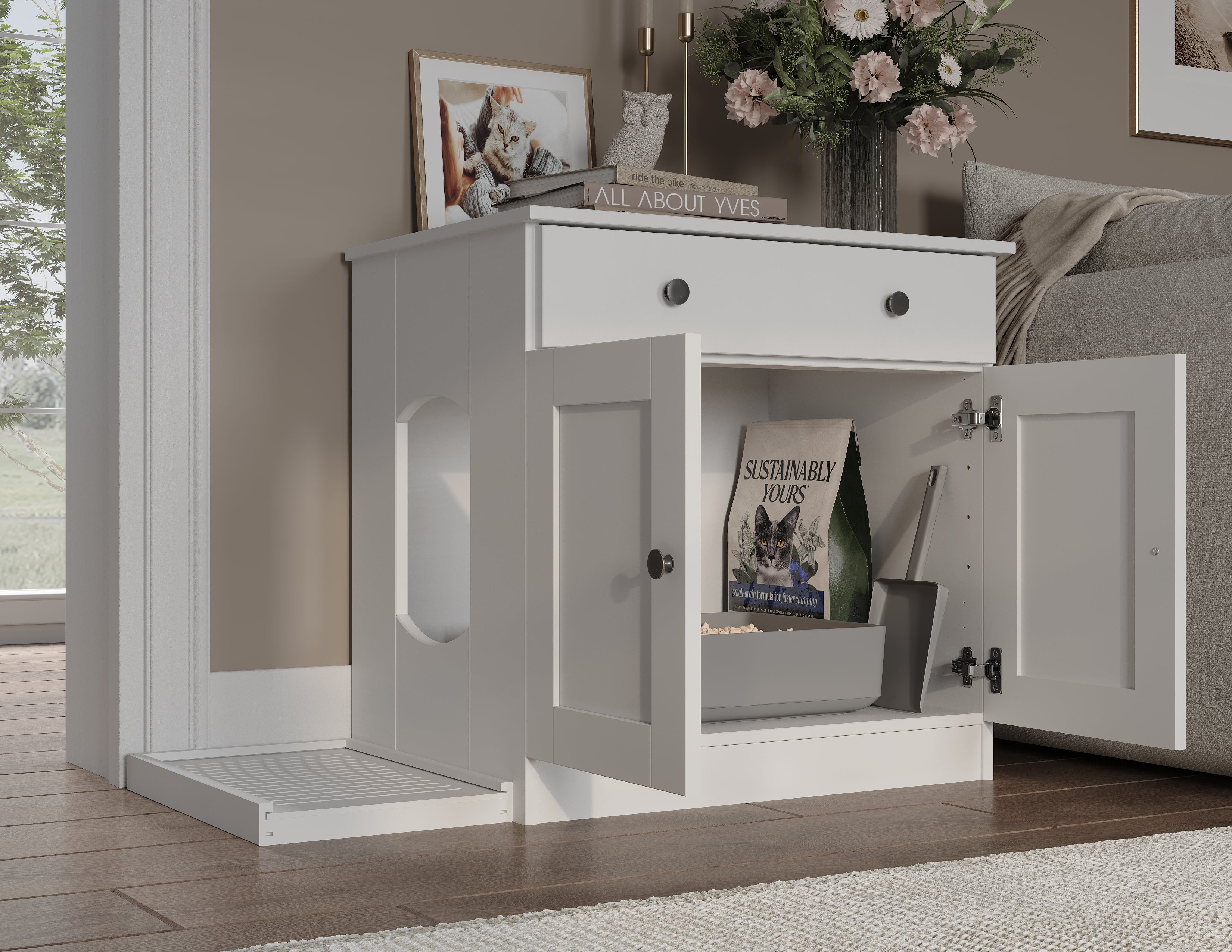 100% Solid Wood Ziva 2-Door Cat Litter Box Enclosure with Litter