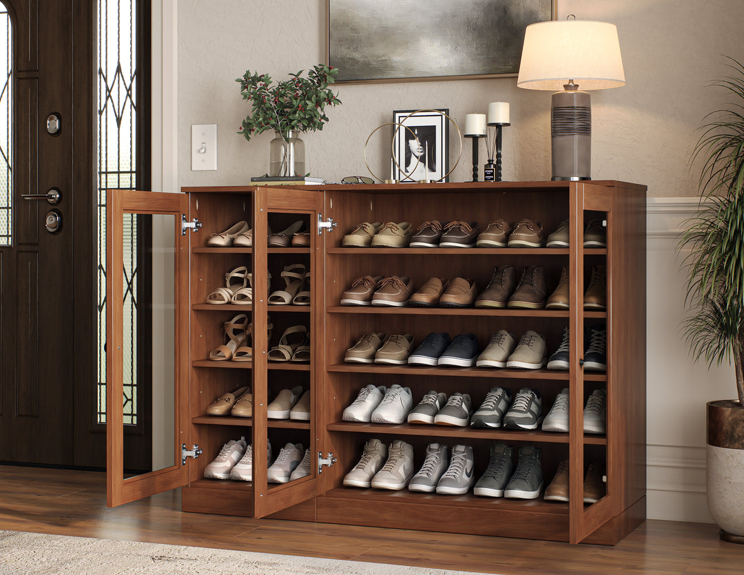 100% Solid Wood Glass Door Shoe Storage Cabinet, Adjustable Shelves, Space Saving Modular Entryway Organizer, 48.5" W x 35.75" H