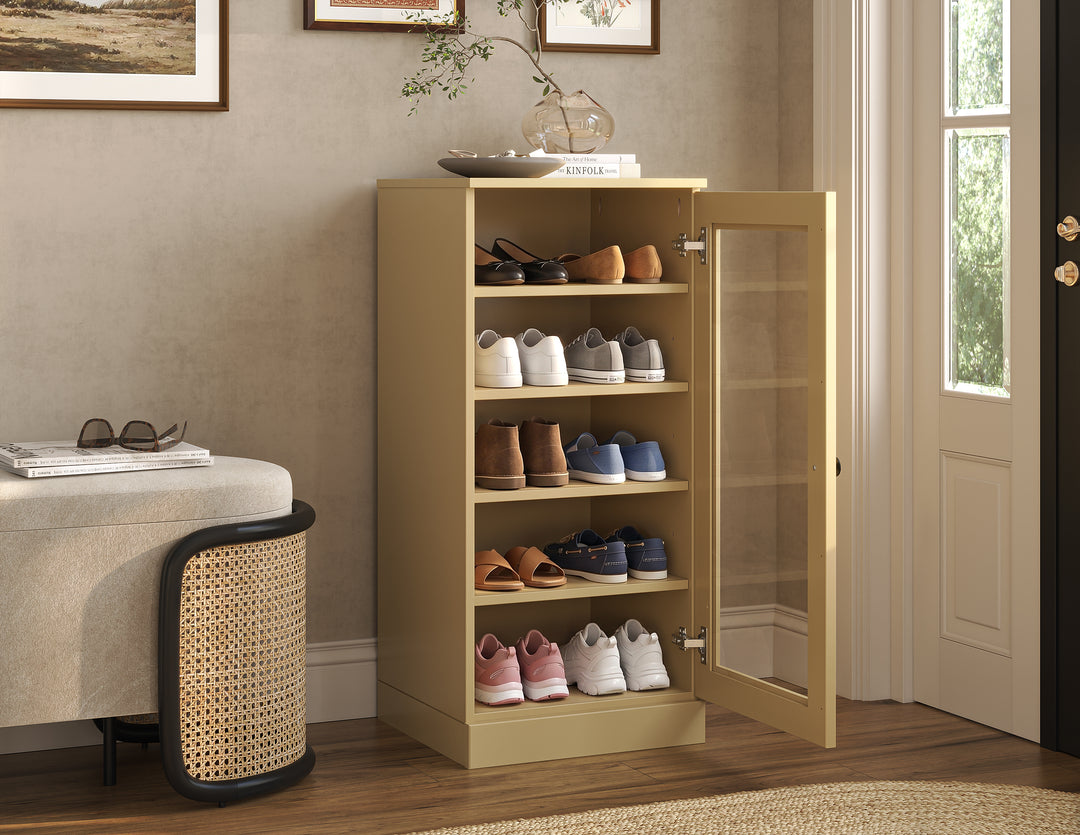 100% Solid Wood Narrow Glass Door Shoe Storage Cabinet with Adjustable Shelves, Space Saving Stackable Organizer, 16.5" W x 35.75" H