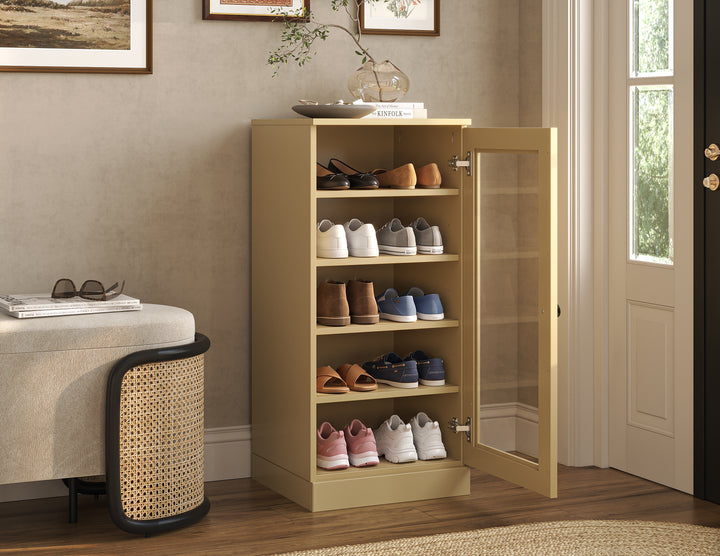 100% Solid Wood Narrow Glass Door Shoe Storage Cabinet with Adjustable Shelves, Space Saving Stackable Organizer, 16.5" W x 35.75" H