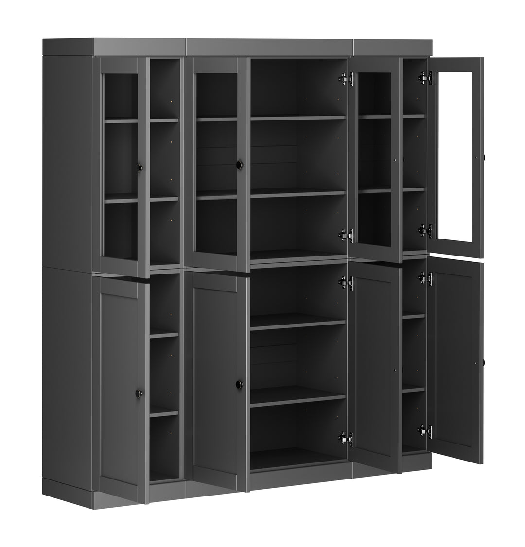 100% Solid Wood 65" China Pantry Cabinet, 4 Clear Glass, 4 Shaker Wood Doors