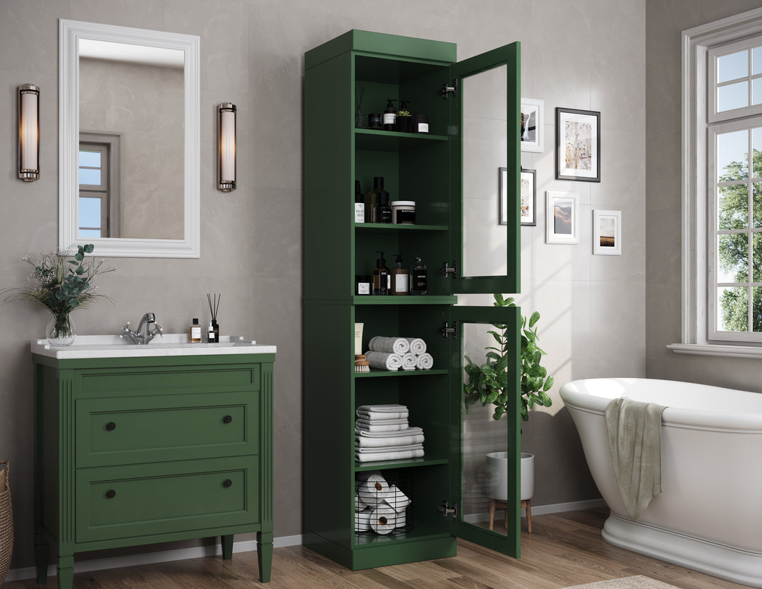 100% Solid Wood 16.5" Tall Bathroom Cabinet, Glass Doors, Adjustable Shelves