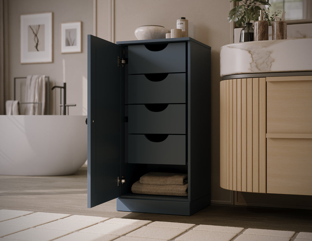 100% Solid Wood Bathroom Storage Cabinet, Raised Panel Door, 4 Drawers, Adjustable Shelves, 16.5" Wide, 35.75" Tall