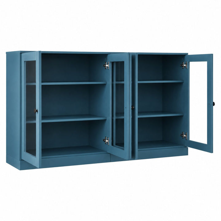 100% Solid Wood TV Stand, 64" Wide TV Console with Glass Doors & Storage
